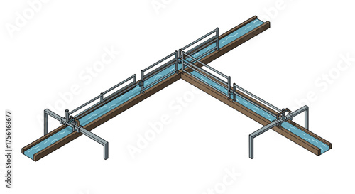 Isometric water channel system with flowing stream and metal railings