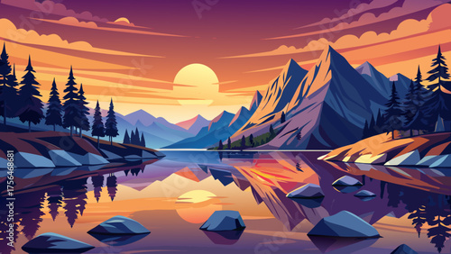 Very beautiful reflection of a mountain lake at sunset on a rocky shoreline in Alabama, USA, featuring calm golden water, rugged rocks, and serene natural scenery.