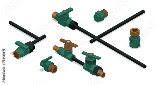 Industrial water pipe fittings with valves and connectors in isometric style