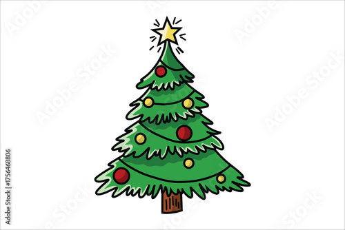 Hand drawn festive christmas tree decorated with ornaments and a star on top