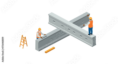 Isometric construction workers building concrete beams