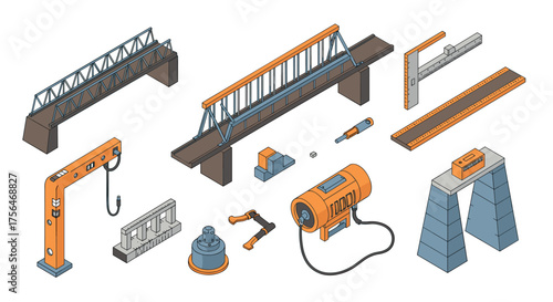 Construction equipment and bridge elements in isometric design for innovative…