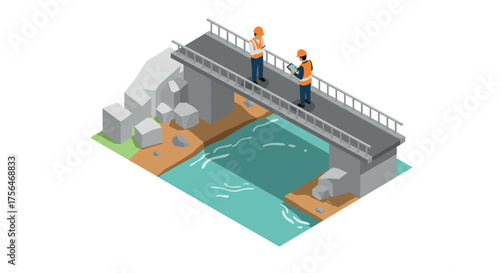 Isometric bridge construction scene with engineers inspecting over water
