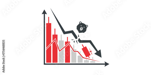 Financial market downturn illustrated with falling graph and money bag