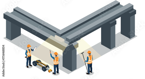 Construction workers inspecting bridge structure in isometric design