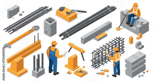 Construction workers and tools in isometric design for industrial projects