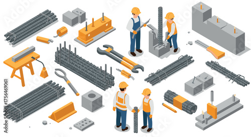 Construction site tools and workers in isometric style