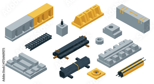 Isometric construction materials collection featuring blocks and rebar