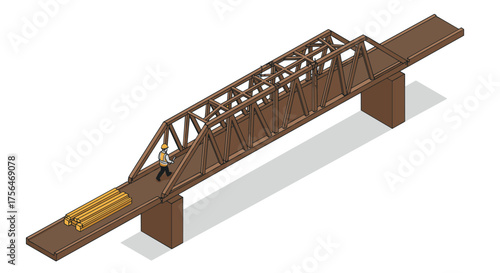 Isometric construction of steel truss bridge with worker and lumber details
