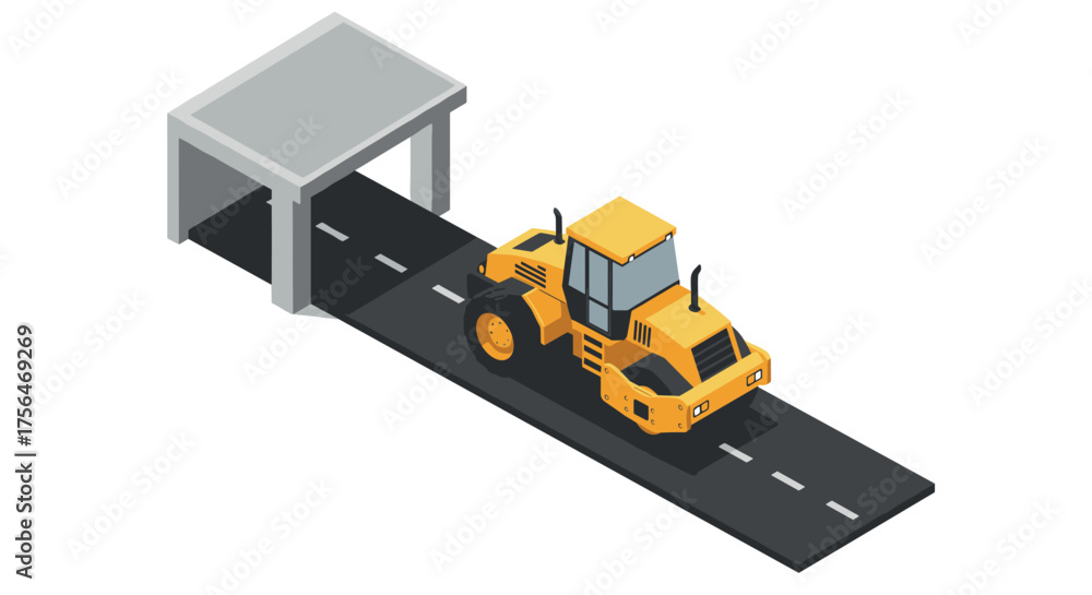 Obraz premium Construction site with isometric road roller and tunnel