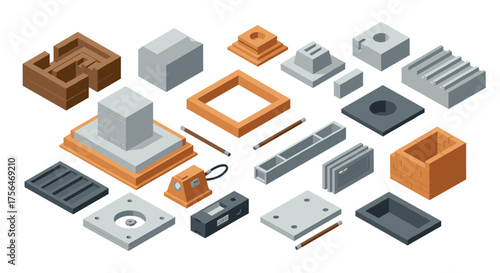 Isometric construction elements set with bricks, pipes, and concrete blocks f…