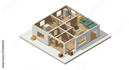 Isometric interior design of unfinished house with exposed construction details