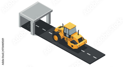 Construction site with isometric road roller and tunnel