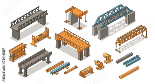 Isometric bridge construction elements and machinery set