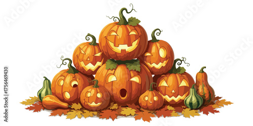 Pile of glowing jack o lanterns and gourds on autumn leaves