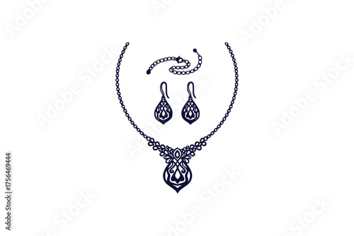 Elegant one color clip art design featuring earrings and necklace composition