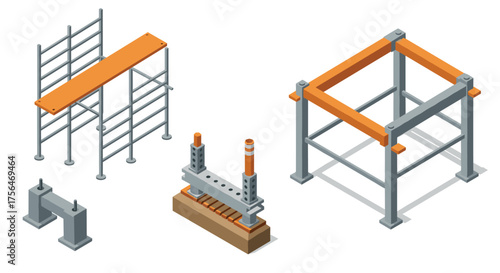 Industrial construction isometric elements with steel framework and scaffolding
