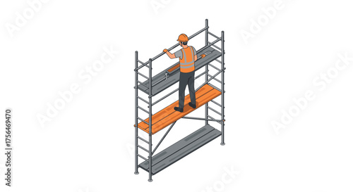 Isometric construction worker on scaffolding in safety gear