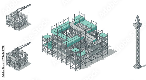 Isometric construction structure with scaffolding and cranes in progress