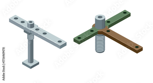 Isometric mechanical components with bolts and screws in industrial design