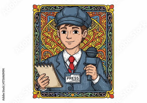 Young Journalist Holding Microphone and Notebook Ready to Report.