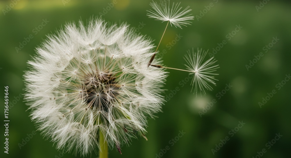 Fototapeta premium Dandelion seed head with floating seeds against blurred green background natural macro photography