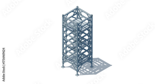 Isometric construction of a steel framework tower with detailed architecture