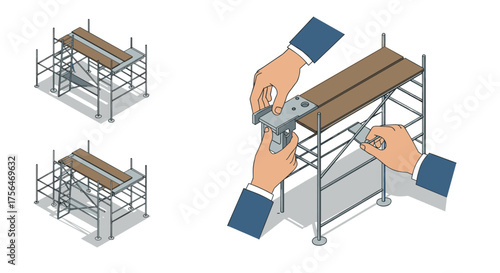Isometric construction scaffold assembly with hands and tools