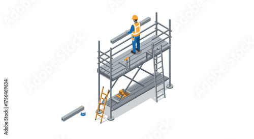 Construction worker on scaffolding with safety gear in isometric design