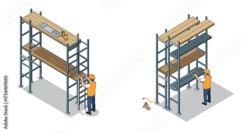 Construction workers assembling metal scaffolding with planks in isometric style