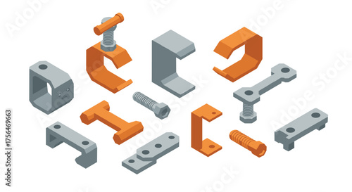 Isometric mechanical components set with screws and clamps in orange and gray