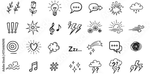 Doodle Icons Set Hand Drawn Elements Symbols and Decorative Design Rose Lightning Stars Idea Notes Bubbles Rain Stock