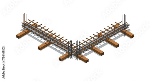 Isometric concrete foundation with reinforcement bars