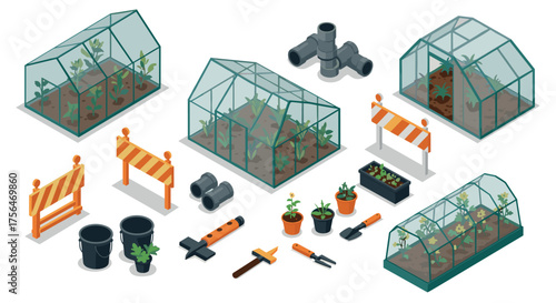 Isometric greenhouse setup with plants and gardening tools