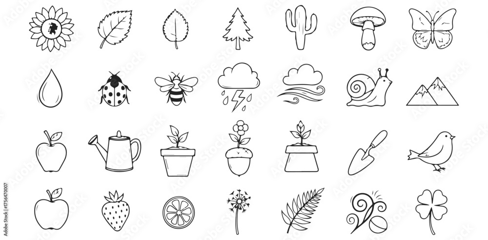 Obraz premium Nature s Whimsy Doodle Icons of Flora Fauna and Weather Hand Drawn Line Art for Gardeners Educators and Creative