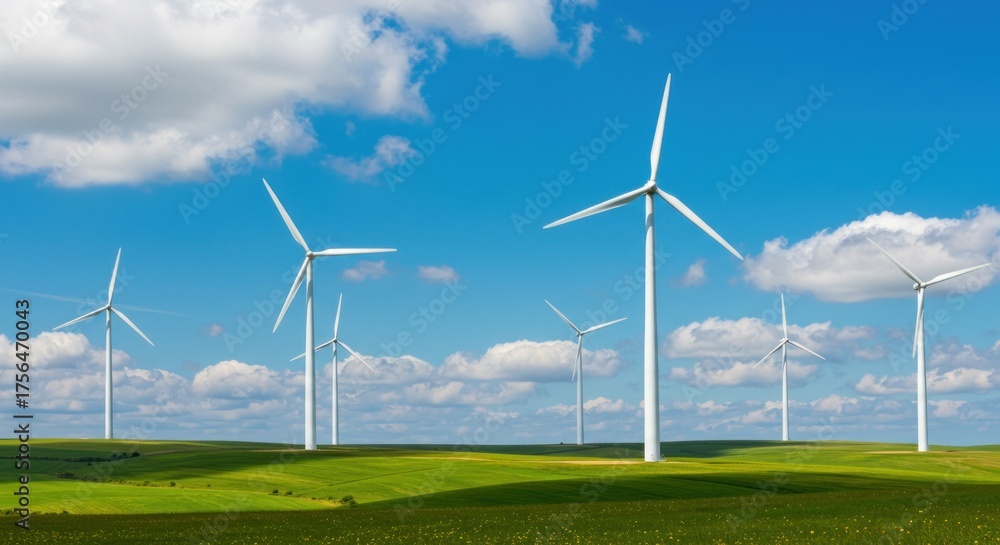 Obraz premium Wind turbines on green field under blue sky with clouds renewable energy concept