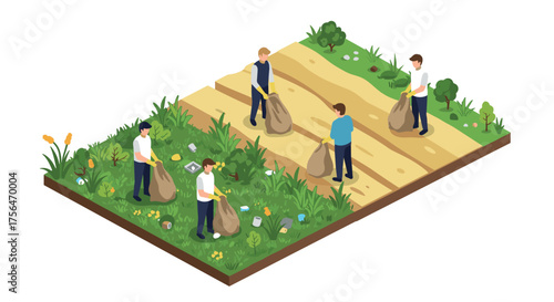 Volunteers cleaning up park garden in isometric style