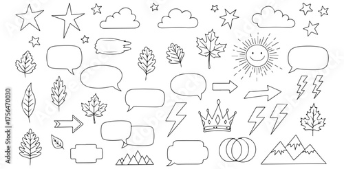 Hand Drawn Vector Doodle Elements Stars Clouds Leaves Sun Lightning Crown Mountains Arrows Speech Bubbles Outlines and