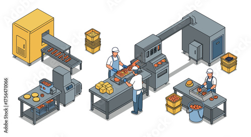 Isometric bakery production line with workers and machinery in action