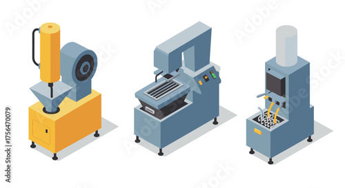 Isometric machines illustrations featuring coffee grinder, espresso machine,…