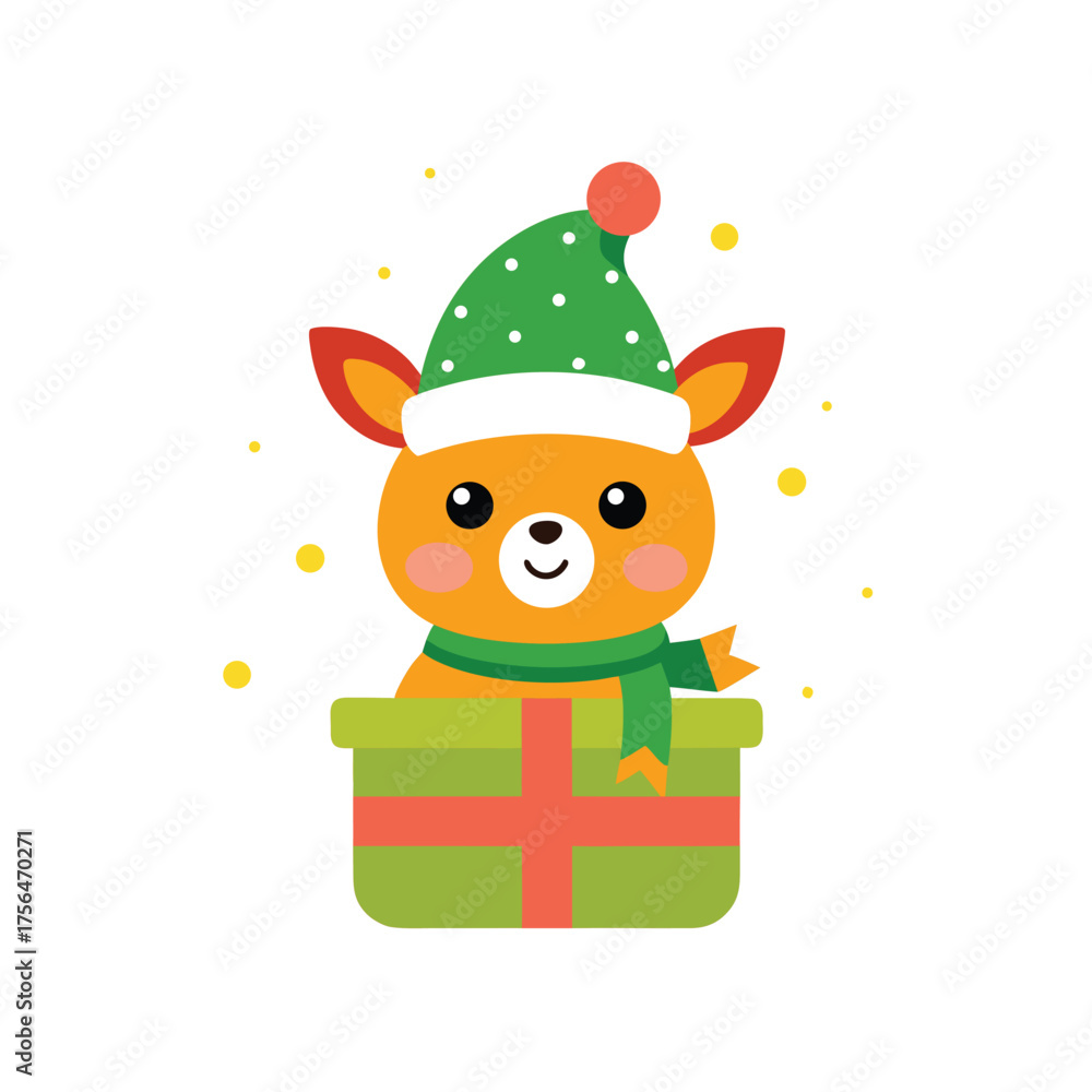 Fototapeta premium Cute cartoon reindeer in gift box with Christmas hat and scarf