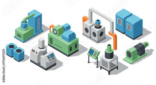 Isometric industrial machinery set with modern equipment and technological de…