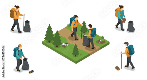 Isometric hiking and litter cleanup in the forest