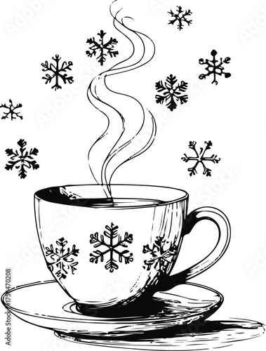 Outline art of a cup with steam, plus little snowflake motifs, white background