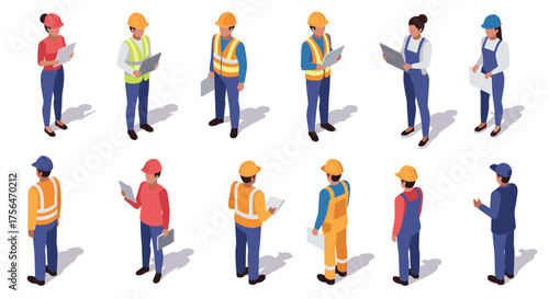 Isometric construction workers in various uniforms and poses