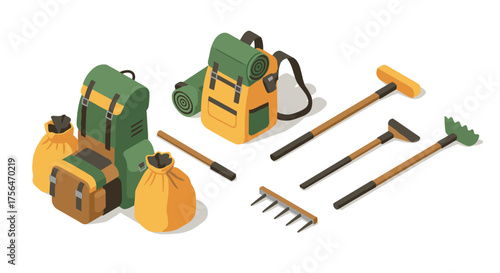 Outdoor camping equipment with backpacks and gardening tools in isometric art