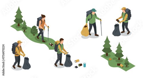 Isometric cleanup: hikers collecting trash in forest trail scene