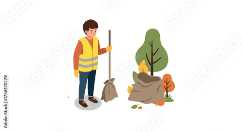 Cartoon worker cleaning park with broom and autumn leaves