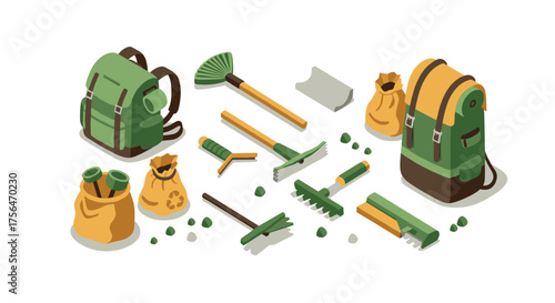 Isometric gardening tools and hiking gear with backpacks and garden rakes