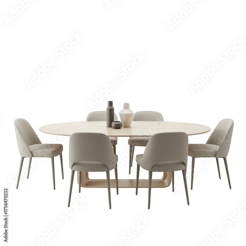 Modern oval dining table with six upholstered chairs isolated on transparent background
